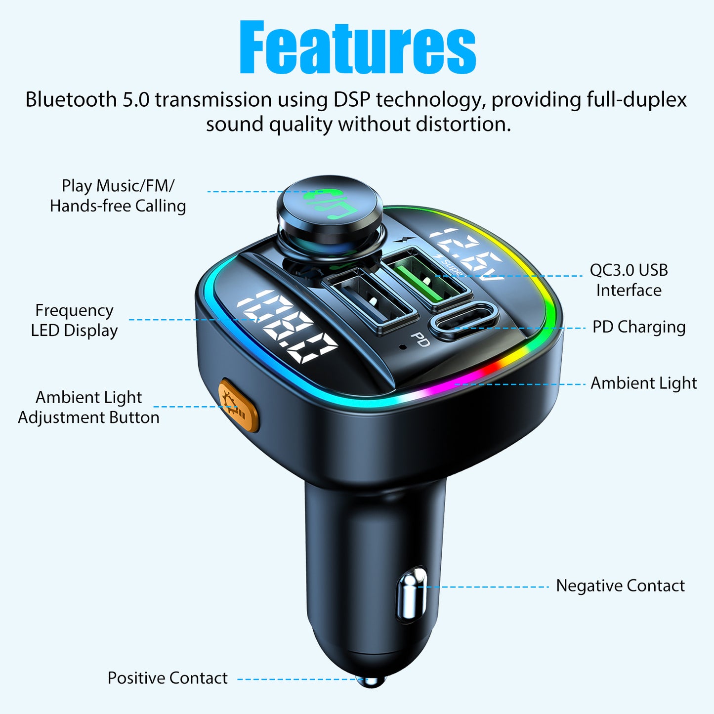 Bluetooth 5.0 Car Wireless FM Transmitter Adapter USB PD Charger AUX Hands-Free Noise Reduction Audio Receiver Car Kit Handsfree Dual