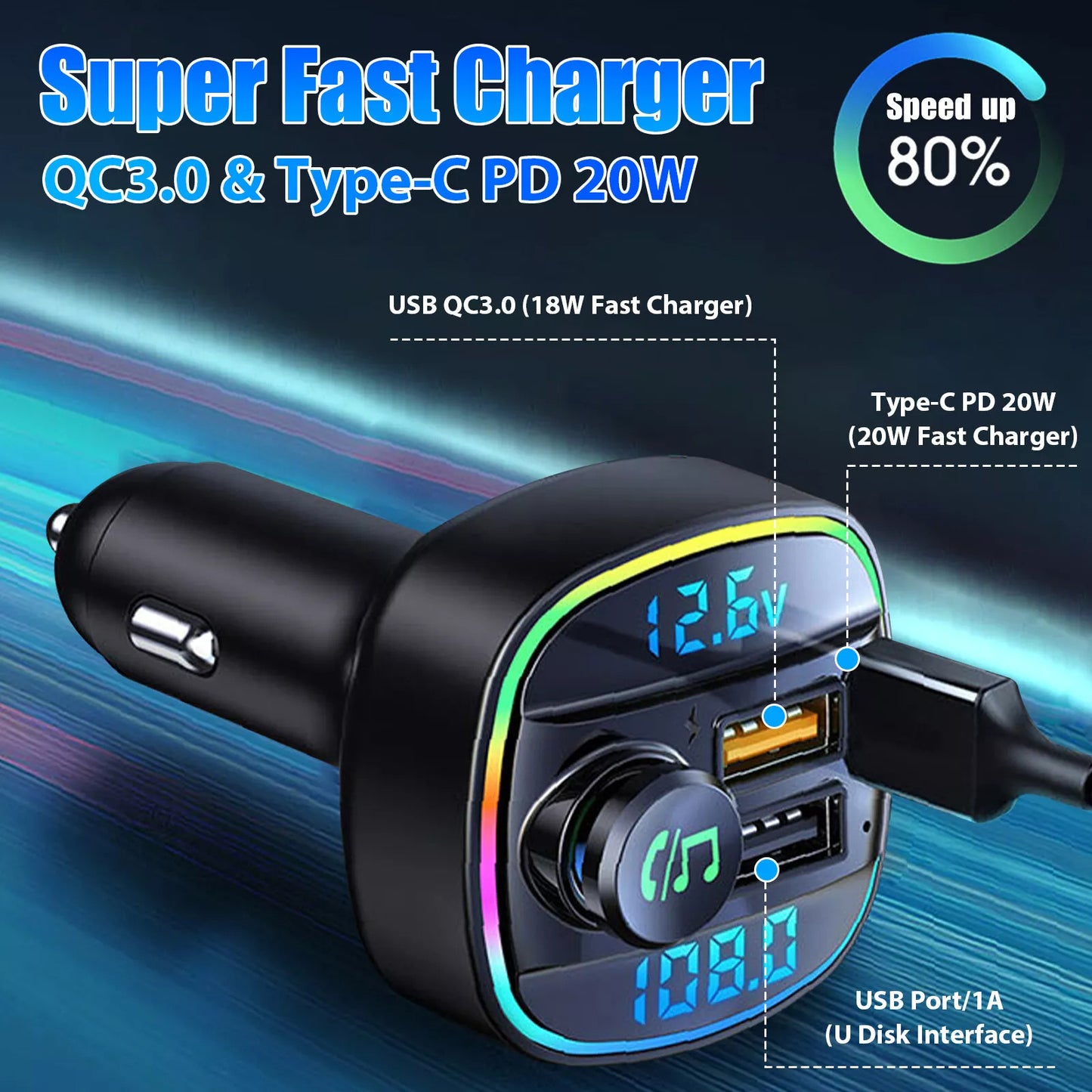 Bluetooth 5.0 Car Wireless FM Transmitter Adapter USB PD Charger AUX Hands-Free Noise Reduction Audio Receiver Car Kit Handsfree Dual