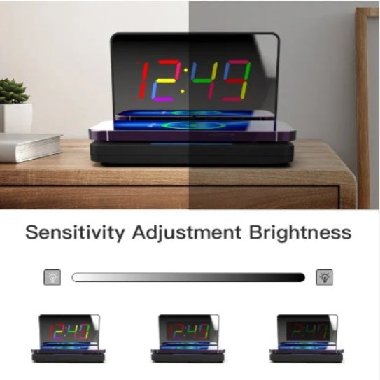 Mirror Digital Alarm Clock Desktop Foldable Wireless Charger Selling Electronic Mirror LED Alarm Clock