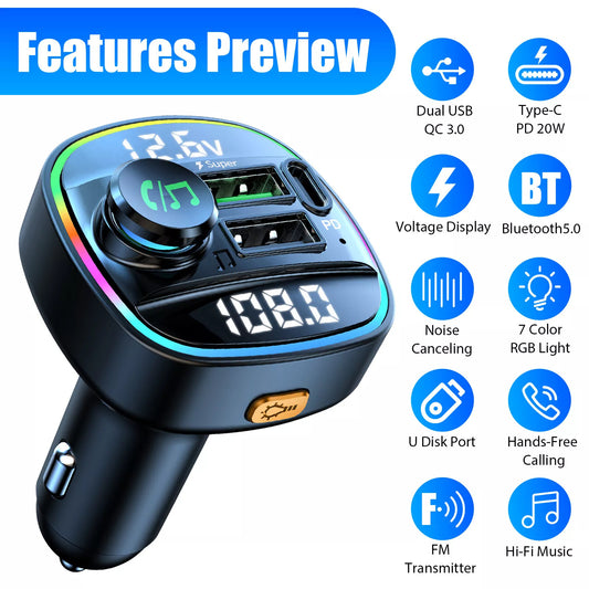 Bluetooth 5.0 Car Wireless FM Transmitter Adapter USB PD Charger AUX Hands-Free Noise Reduction Audio Receiver Car Kit Handsfree Dual