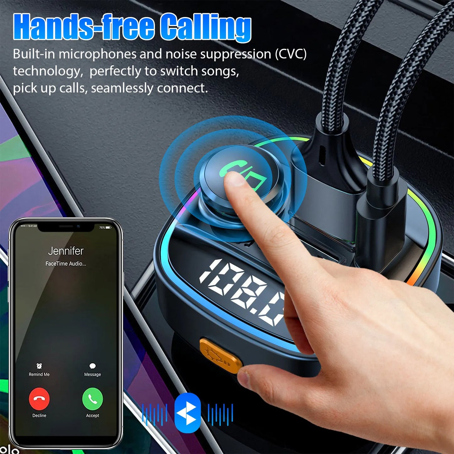 Bluetooth 5.0 Car Wireless FM Transmitter Adapter USB PD Charger AUX Hands-Free Noise Reduction Audio Receiver Car Kit Handsfree Dual