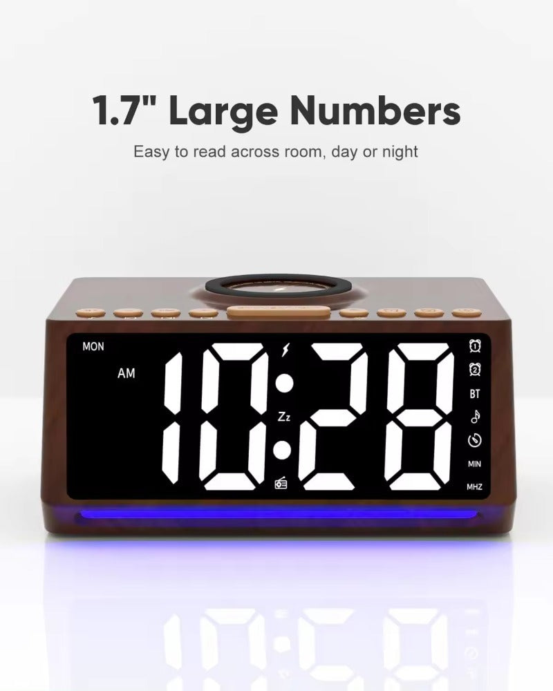 New Hot Selling 10W Wireless Charger LED Desktop Alarm Clock With FM Radio Bt Speaker Wireless