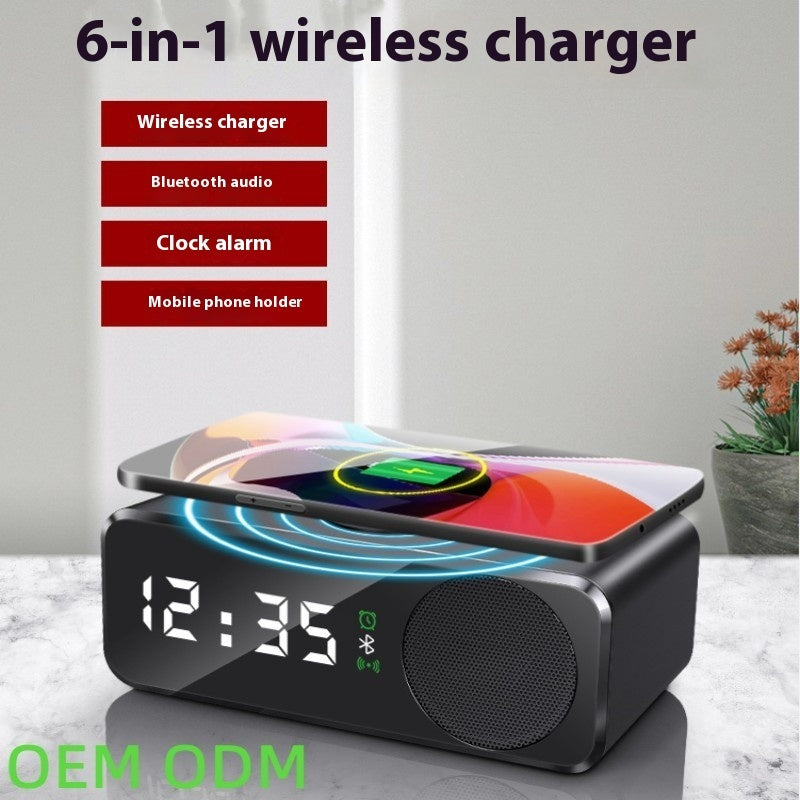 Digital Clock Alarm Clock Bluetooth Amplifier Rack Multifunctional Six-in-one Wireless Charger