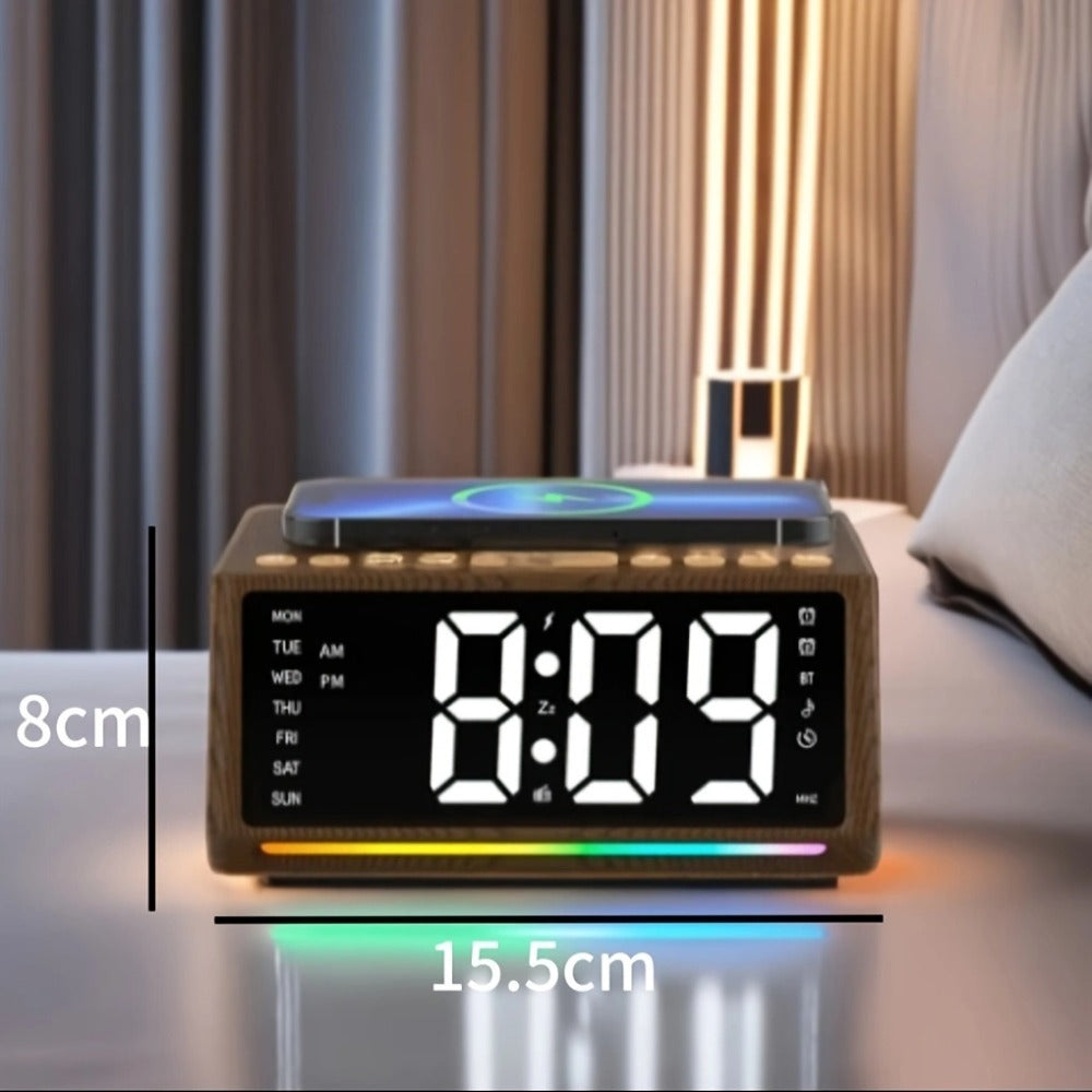 New Hot Selling 10W Wireless Charger LED Desktop Alarm Clock With FM Radio Bt Speaker Wireless