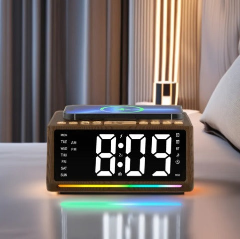 New Hot Selling 10W Wireless Charger LED Desktop Alarm Clock With FM Radio Bt Speaker Wireless